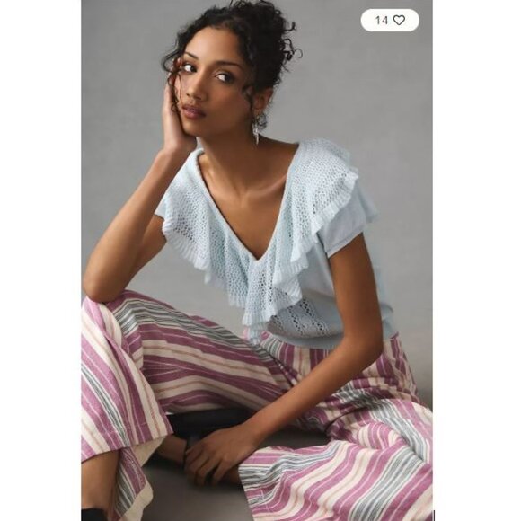 By Anthropologie Short-Sleeve Pointelle Sweater in Mint – Size Small - Picture 1 of 8